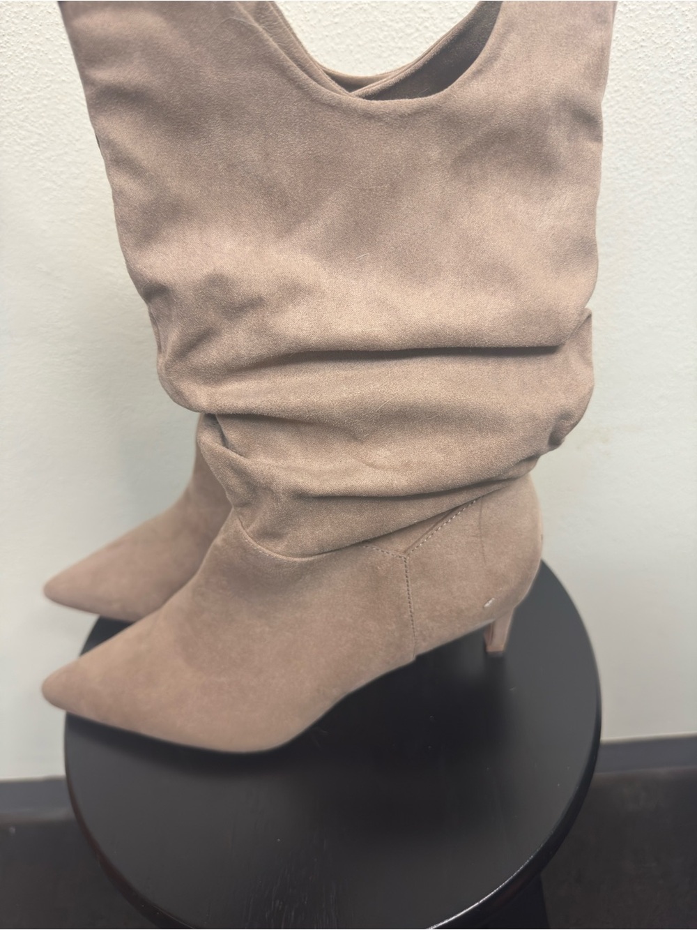 Suede Slouch Boots in Taupe